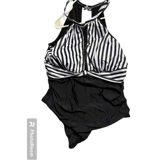 TEMPT ME Other - NWT SZ 22W Tempt Me Women One Piece Swimsuit STRIPE Plunge Mesh Ruched